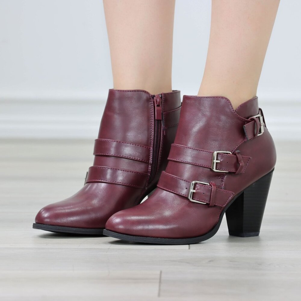 Burgundy Ankle Boots Triple Buckle Side Zip Chunky Heel Faux Leather